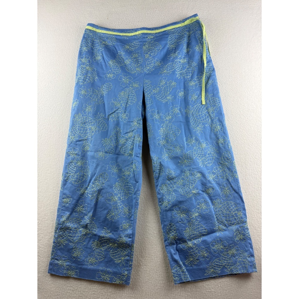 Talbots Womens Blue Pineapple Embroidered Wide Leg Crop Pants Size 12 Side‎ Zip